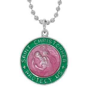 CATHOLIC GREEN & PINK ST. CHRISTOPHER EPOXY MEDAL & CHAIN